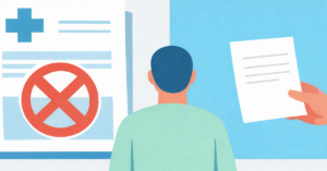 Minimalist illustration of a person facing a rejected health-plan document while receiving an appeal form, with no visible text.
