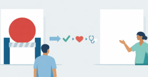 Minimalist illustration of a patient, a blocked blank document, and a healthcare advocate indicating a clear next-step path, with no visible text.