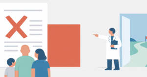 Ilustração minimalista mostra paciente, familiar e médico diante da negativa de um plano para elranatamabe, com caminho aberto simbolizando acesso ao tratamento.