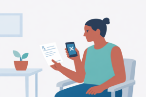 Pessoa adulta com prescrição médica e celular na mão após negativa de Ladogal pelo plano, em ambiente de cuidado com visual minimalista.