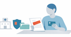 Ilustração minimalista sobre plano de saúde com pessoa analisando uma negativa de cobertura e documentos médicos em uma mesa.