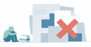 Ilustração minimalista sobre Amivantamabe Plano, com paciente diante de documentos de recusa do convênio e símbolo médico parcialmente bloqueado.