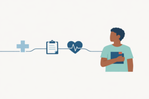 Pessoa adulta com pasta de empresa ligada por linha contínua a ícones médicos simples, representando cancelamento plano empresarial e continuidade do cuidado.