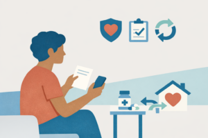 Pessoa adulta em casa segurando prescrição e celular enquanto avalia Isturisa plano com calma e determinação, em ambiente doméstico simples.
