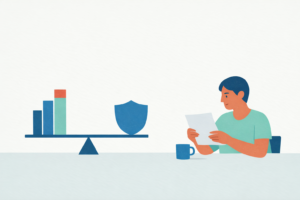 Pessoa adulta brasileira analisando contrato e boleto de reajuste coletivo de plano de saúde sobre uma mesa, em ilustração flat minimalista. Elementos abstratos sugerem desequilíbrio entre custo e proteção.