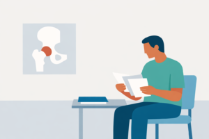 Pessoa adulta em consultório ortopédico analisando documentos sobre recapeamento do quadril plano, ao lado de representação simples do quadril.