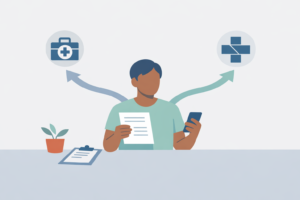 Pessoa adulta analisando relatório médico e celular diante de dois caminhos visuais, plano de saúde e SUS, em cena sobre Stivarga pelo plano.