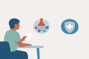 Pessoa adulta segura prescrição médica diante de carimbos contrastantes sobre tratamento experimental plano e cobertura, em ilustração flat minimalista.