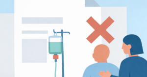 Minimalist editorial illustration of a patient and caregiver facing a blank denial document shape and an infusion bag, with no text visible.